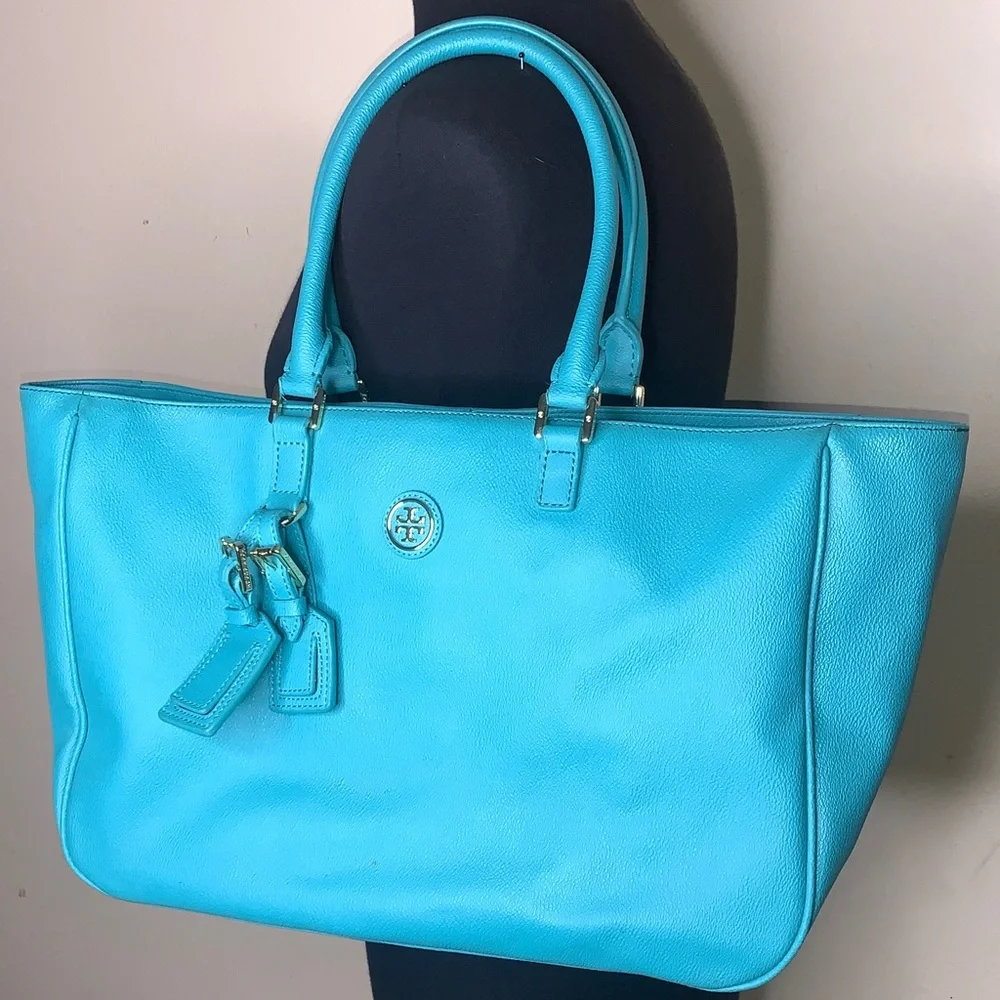 Tory Burch Turquoise/Gold Leather Tote